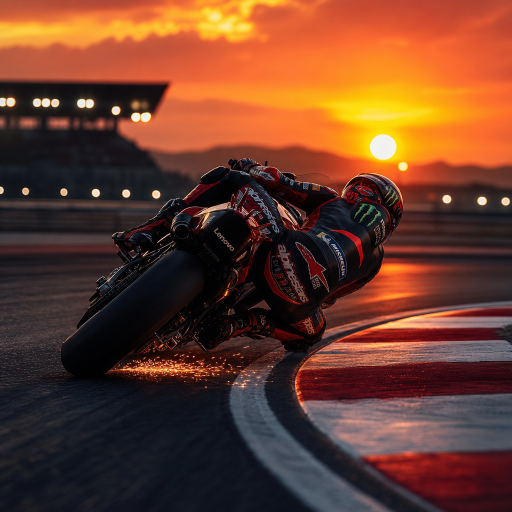 MotoGP bike leaning hard through a sunset corner with sparks