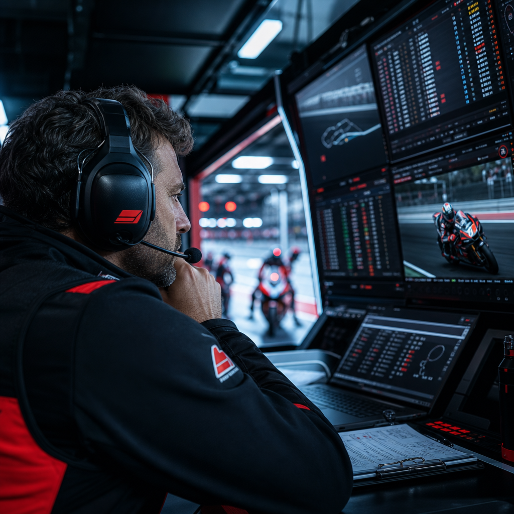 Team strategist in headset watching timing screens in pit garage