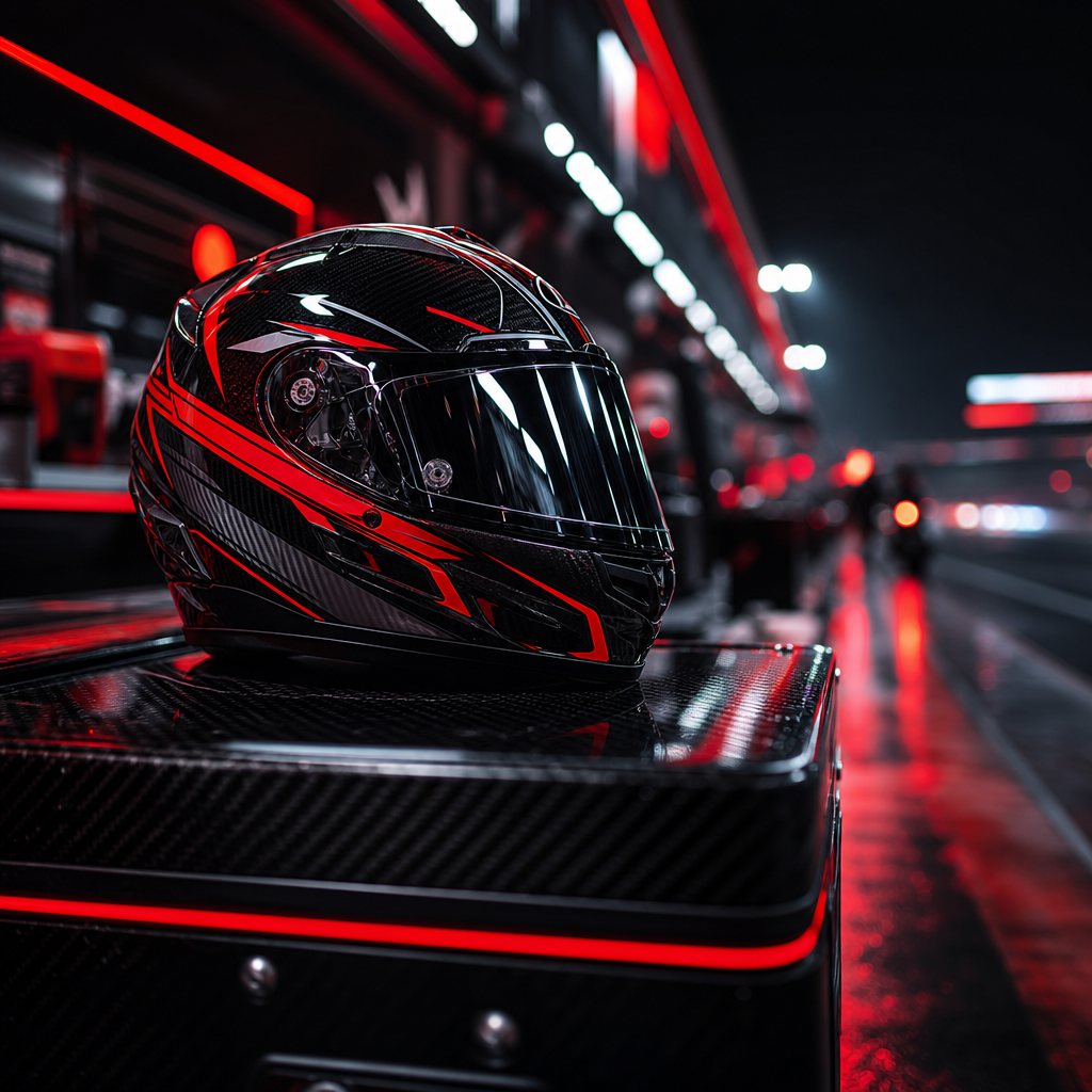 Rider helmet resting on a carbon fiber pit box with neon reflections