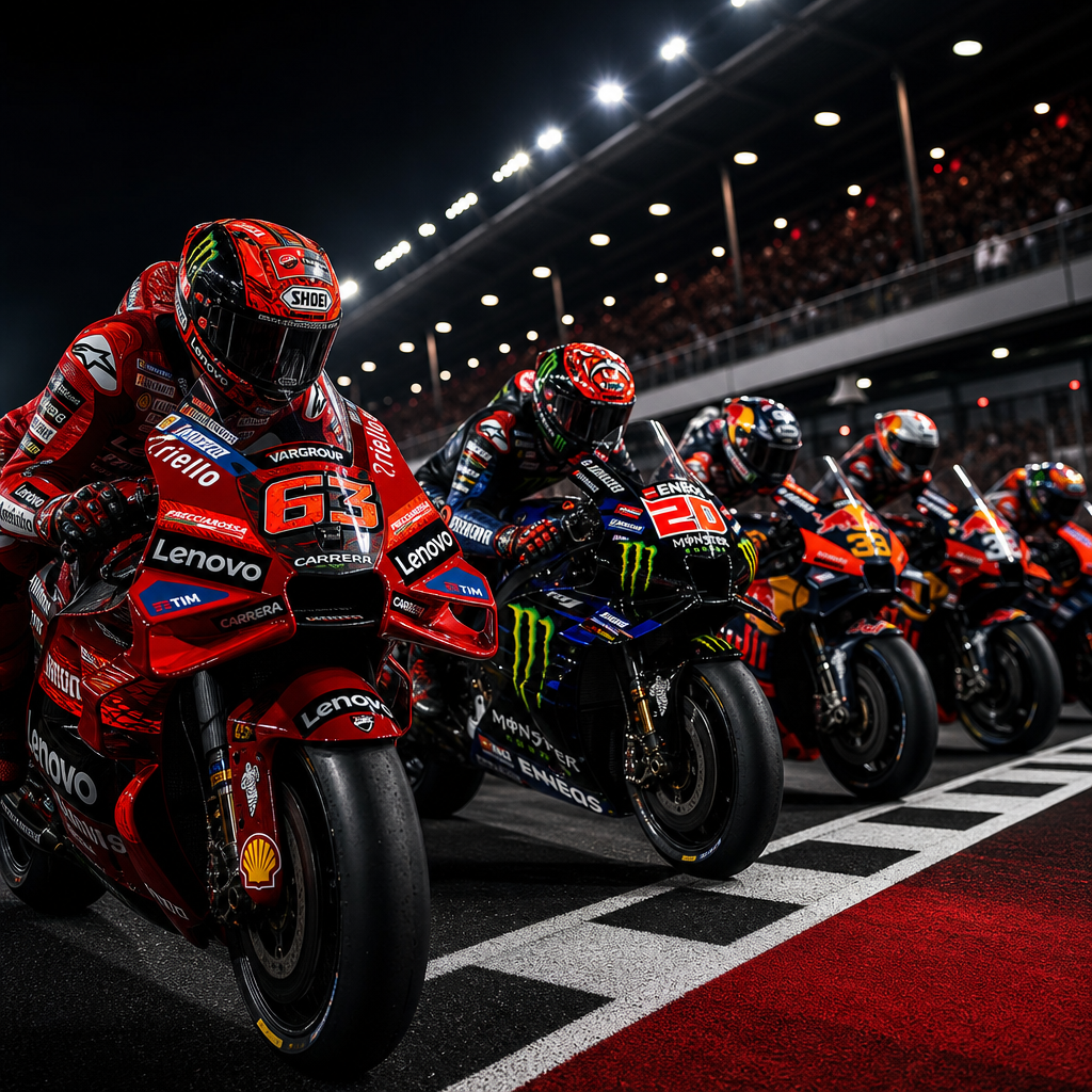 Front row of MotoGP bikes lined up on the grid moments before the start