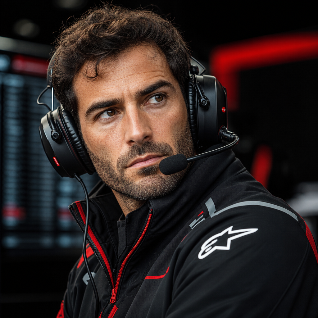 MotoGP paddock analyst with headset