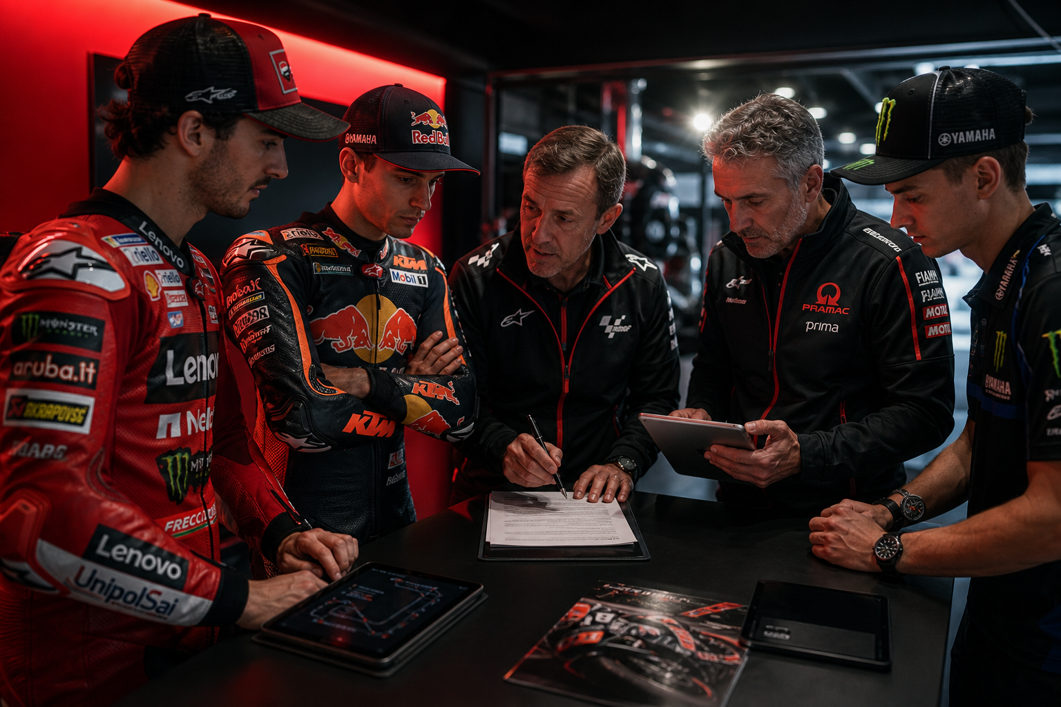 MotoGP riders and team managers in the paddock discussing contracts