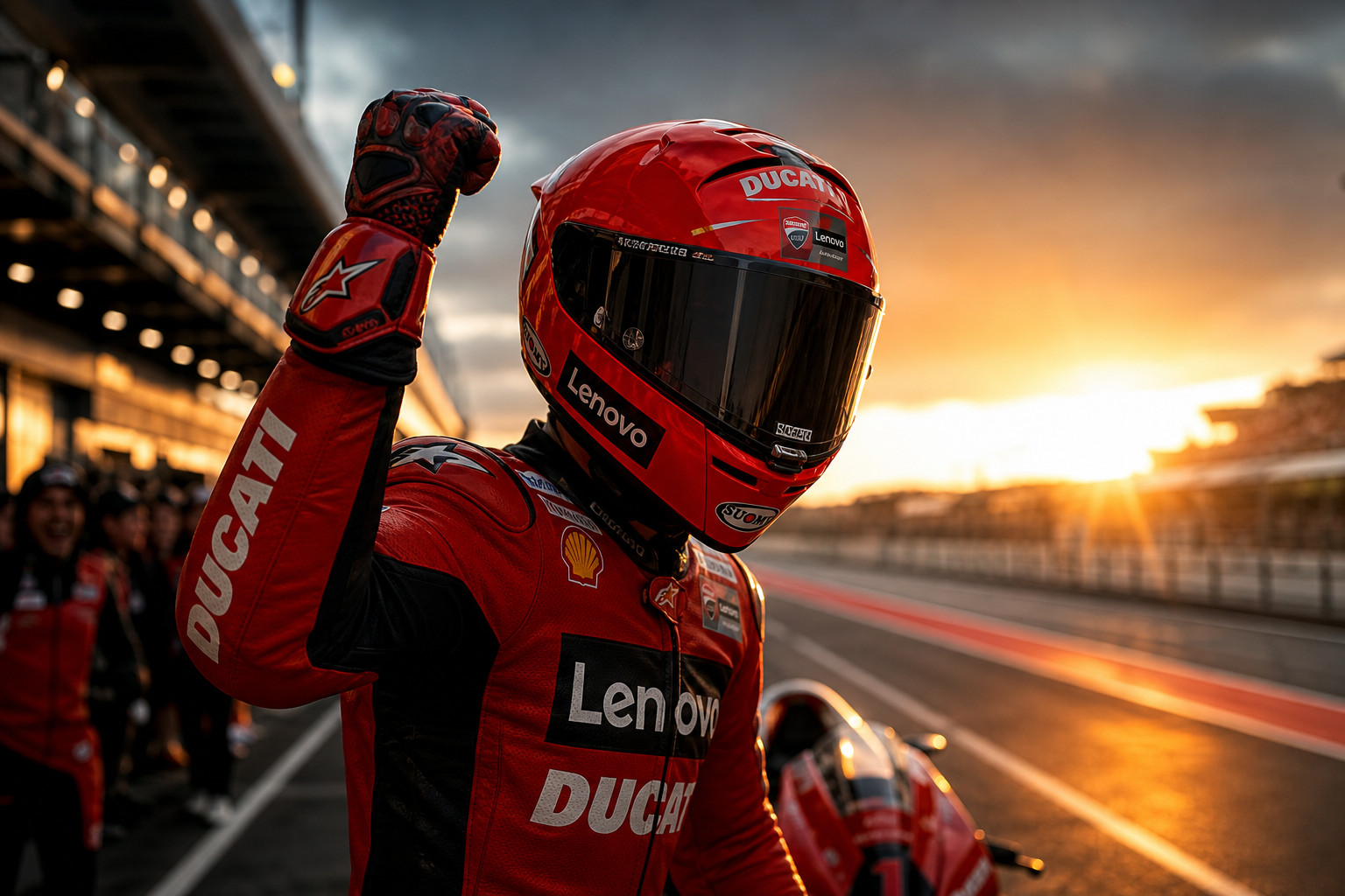 Pilota Ducati che celebra con casco rosso vicino alla pit lane al tramonto