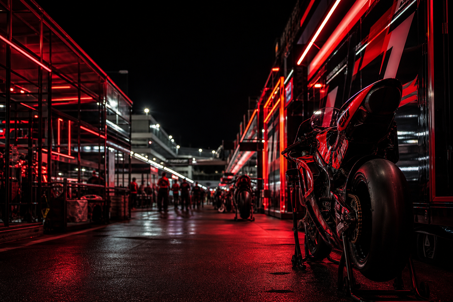 Vista notturna del paddock MotoGP con luci rosse e moto in controluce