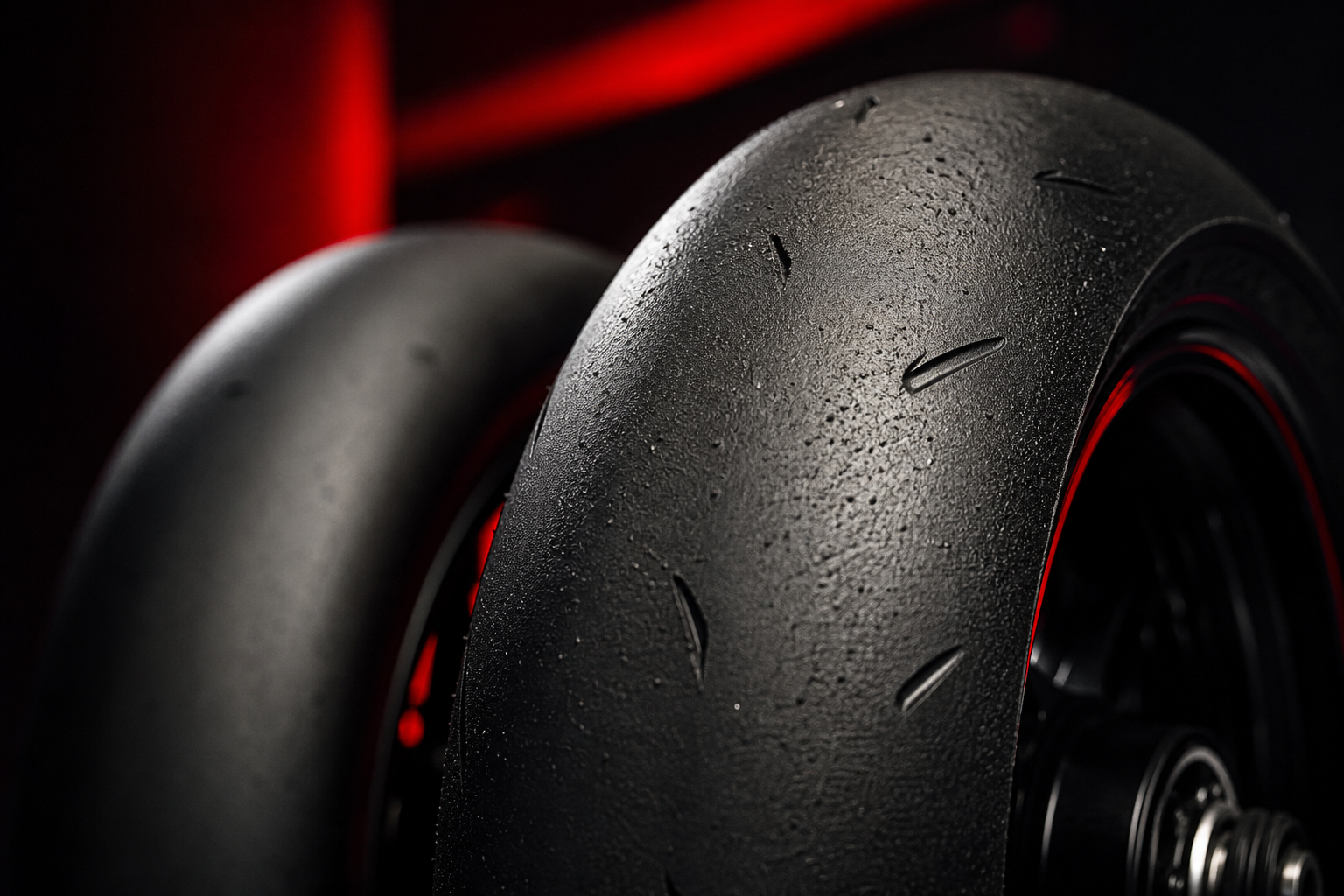Foto ravvicinata di gomme slick MotoGP con texture evidente e luce drammatica