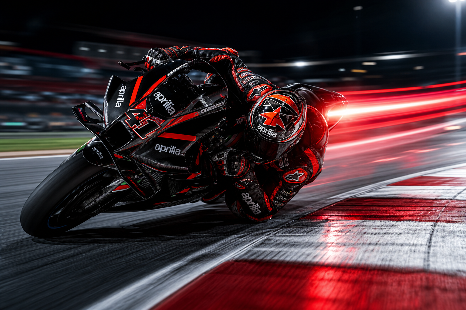 Pilota Aprilia in piega estrema su cordolo con scia luminosa