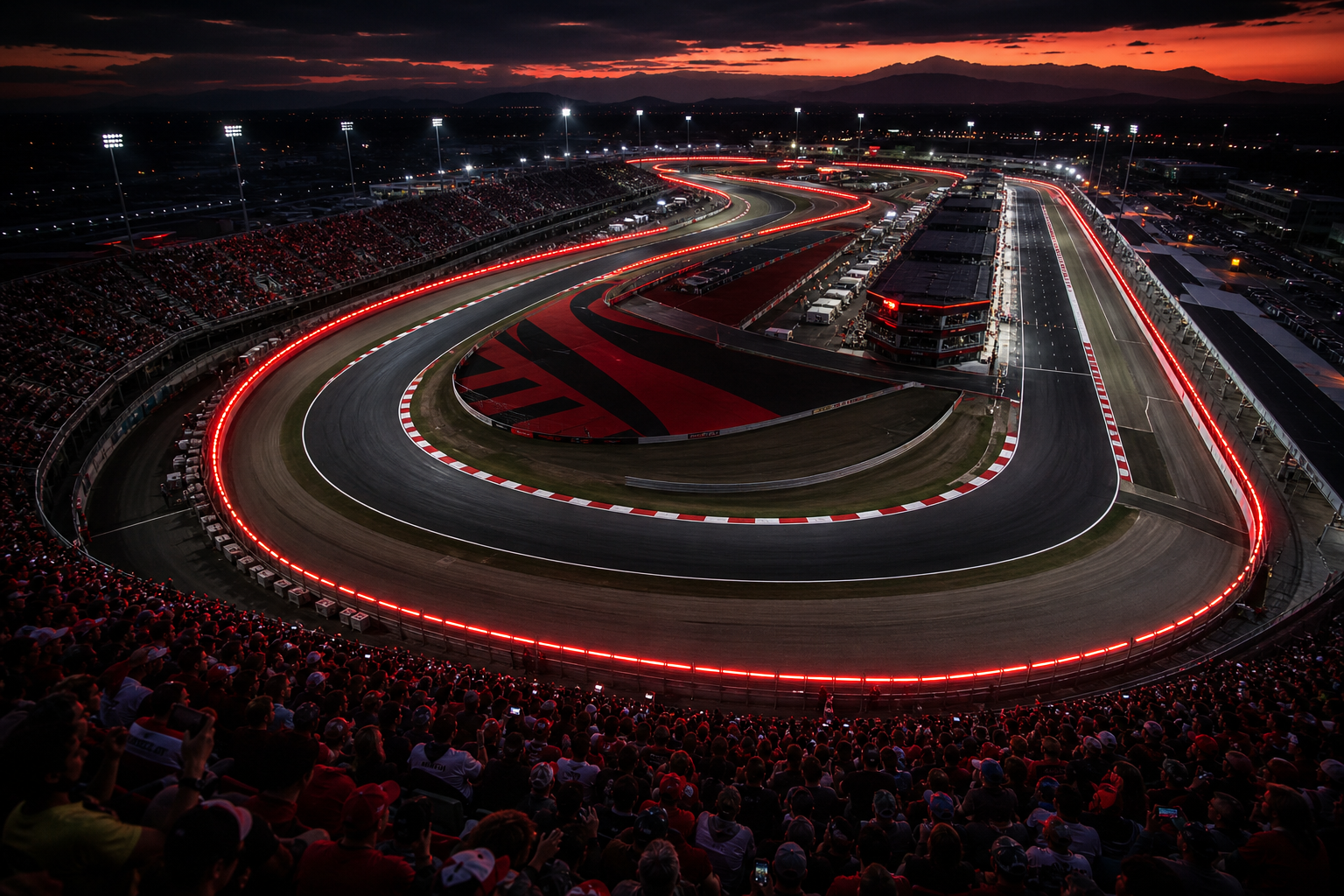 Vista aerea del circuito MotoGP con pubblico e luci rosse