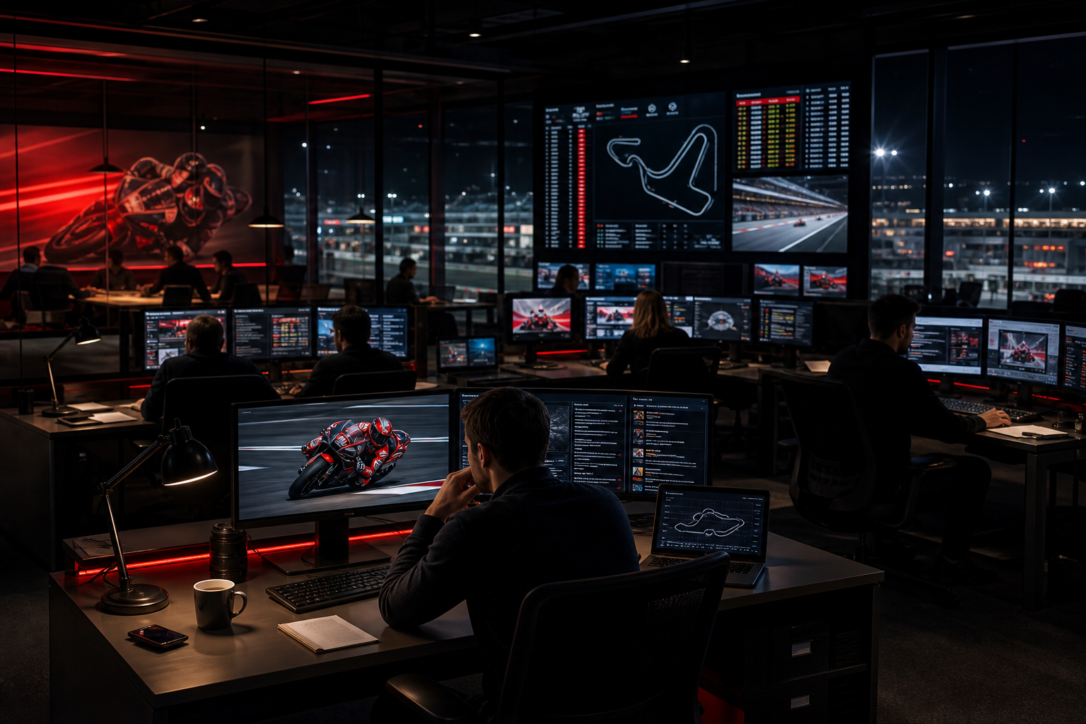 MotoGP journalists in a dark modern newsroom with race timing screens