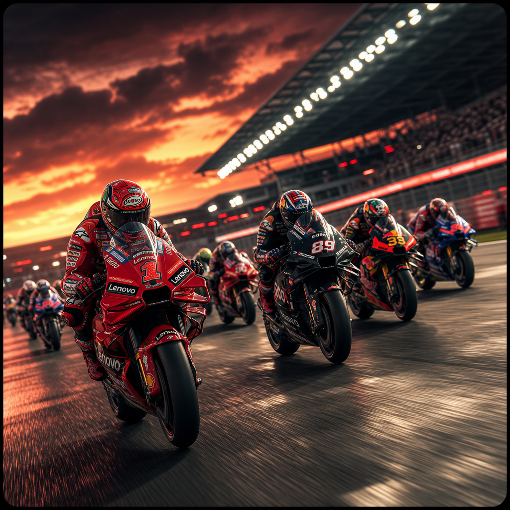 MotoGP riders launching off the grid at sunset