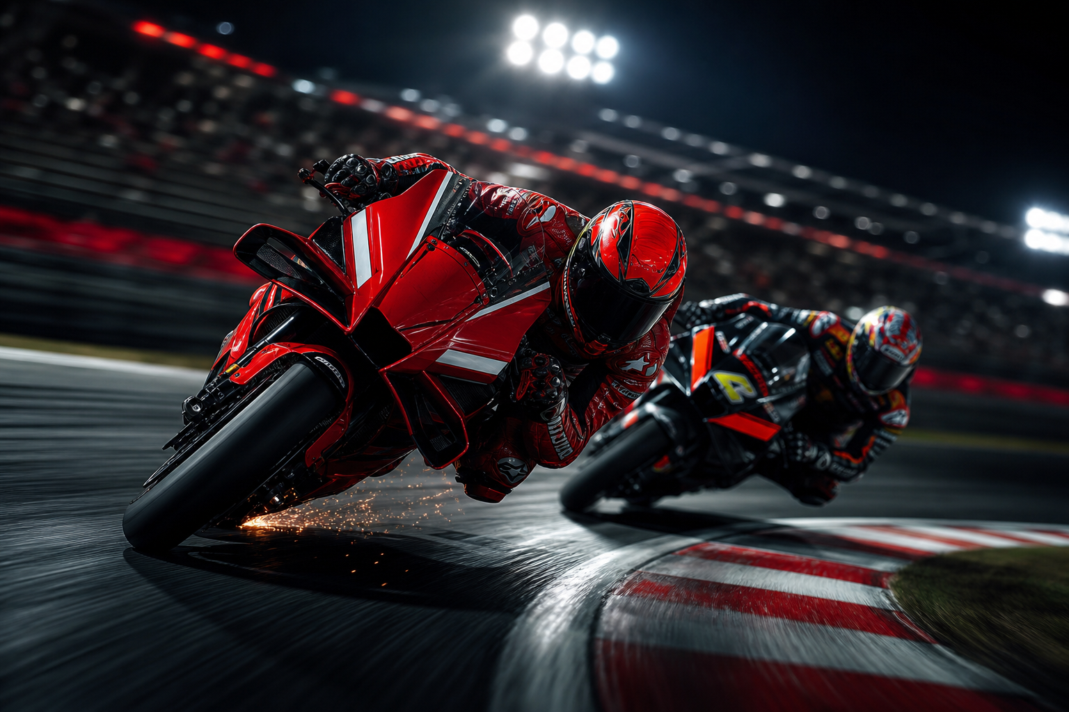 MotoGP riders leaned over in a fast corner under track lights, red race bike leading with sparks and motion blur
