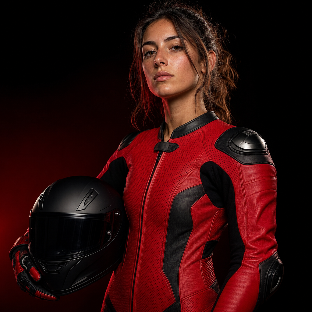 Ritratto di Aurora Bianchi, pilota MotoGP con tuta rossa e casco opaco nero, illuminazione da studio