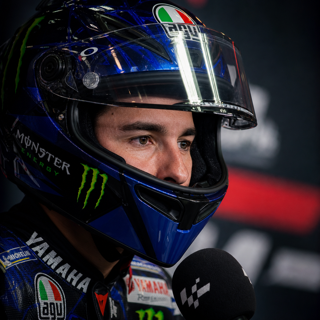Close-up of a MotoGP rider in a glossy blue helmet during a media interview