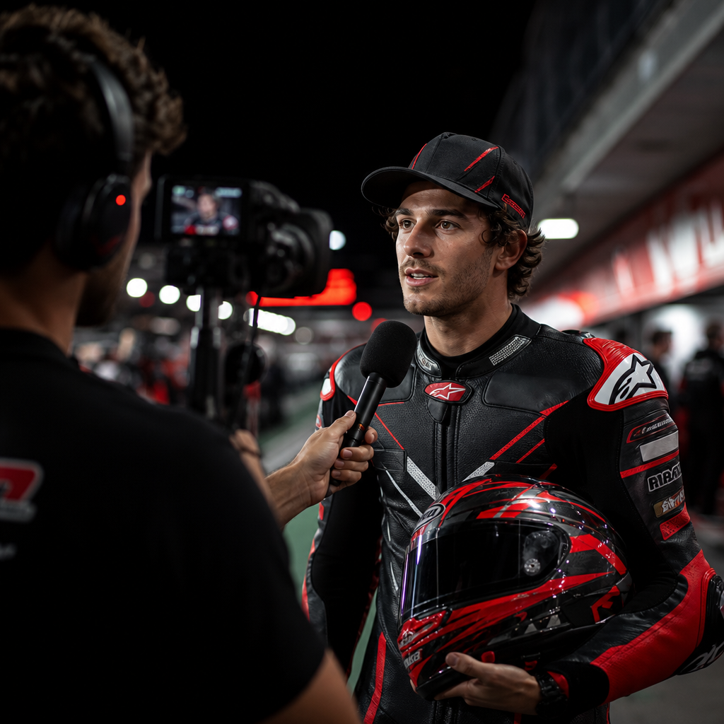 Rider interview under paddock lights with helmet