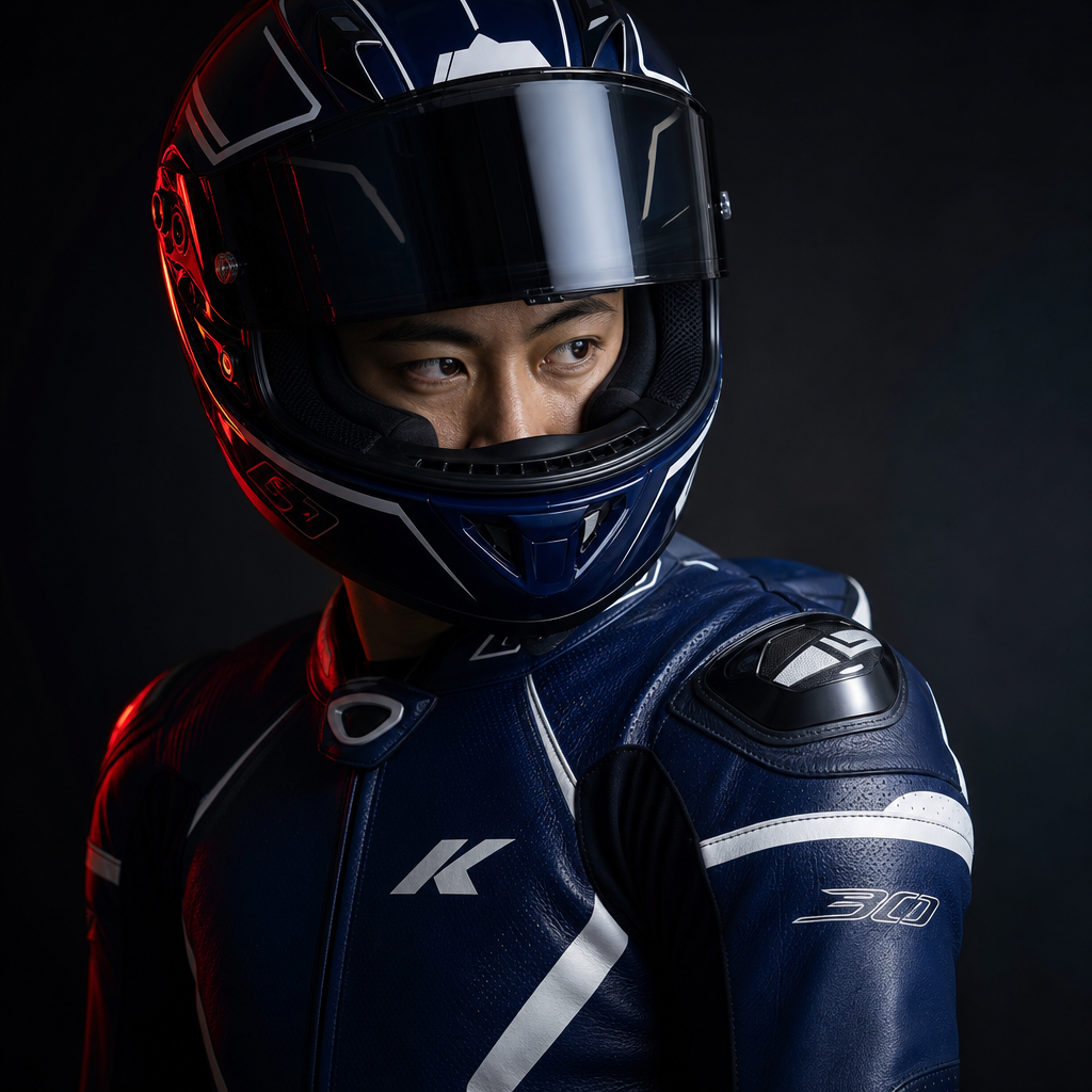 Ritratto di Kaito Nakamura in tuta blu notte con dettagli bianchi, casco integrale lucido, fondo scuro