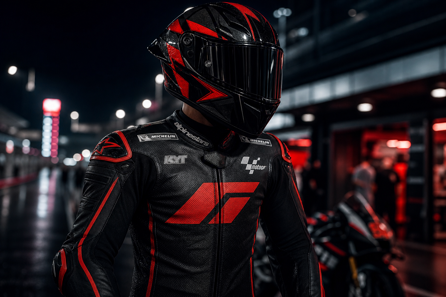 Rider in tuta MotoGP nera con accenti rossi, casco lucido, posa determinata su sfondo paddock serale