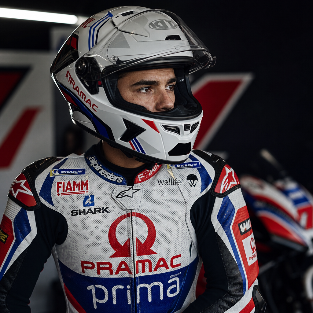 Pilota MotoGP in tuta bianca con dettagli blu e rosso, casco chiaro, sguardo concentrato