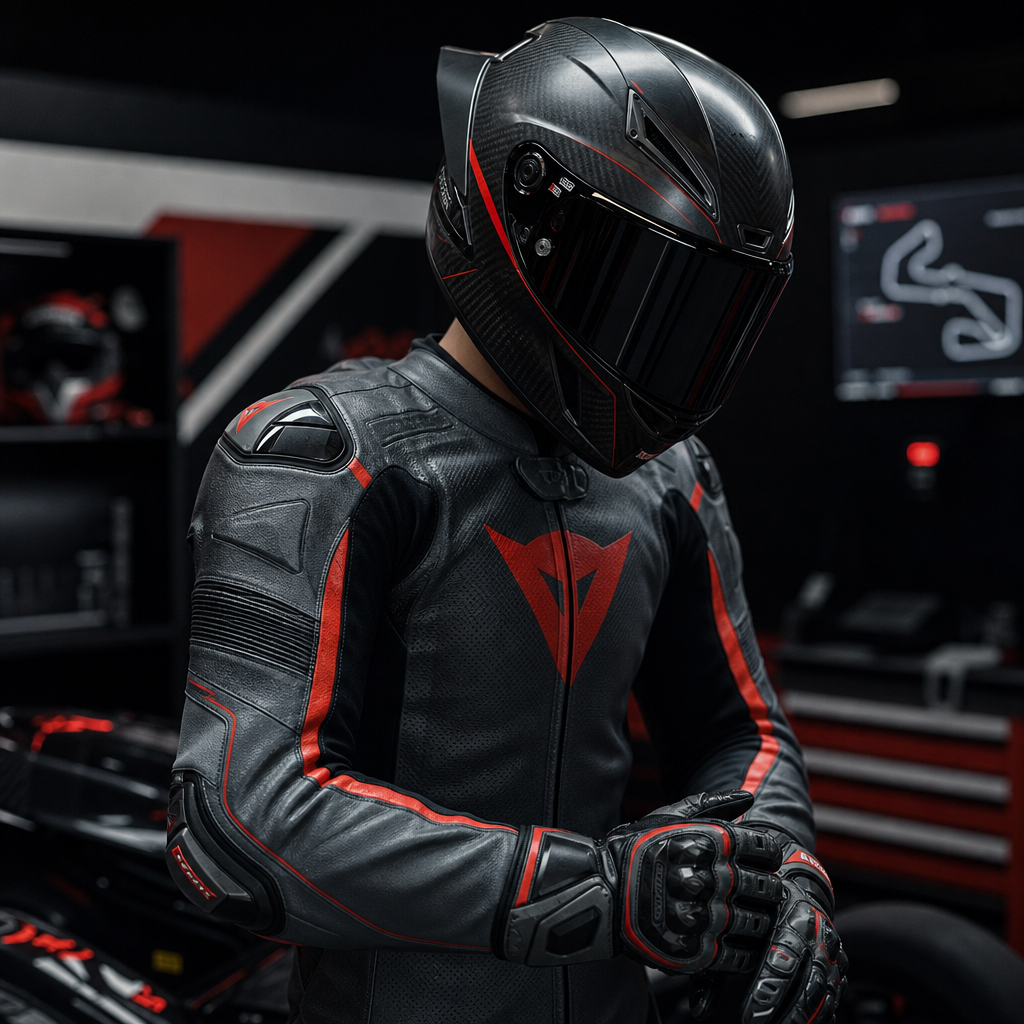 Pilota MotoGP in tuta grigio grafite con dettagli rossi, casco scuro, ambiente box illuminato