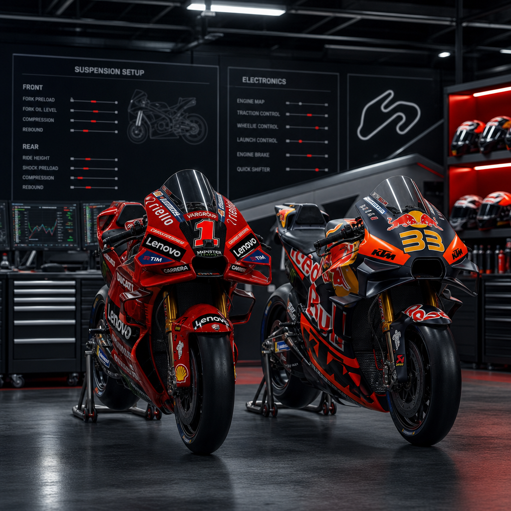 Pit garage scene with two MotoGP bikes and setup data boards for suspension and electronics
