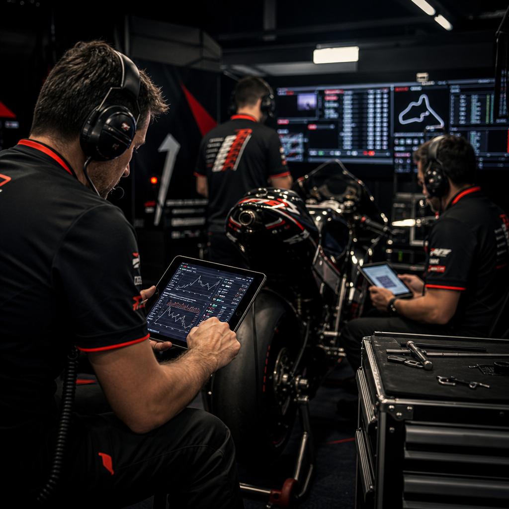 MotoGP team members analyzing data tablets in a dimly lit pit box