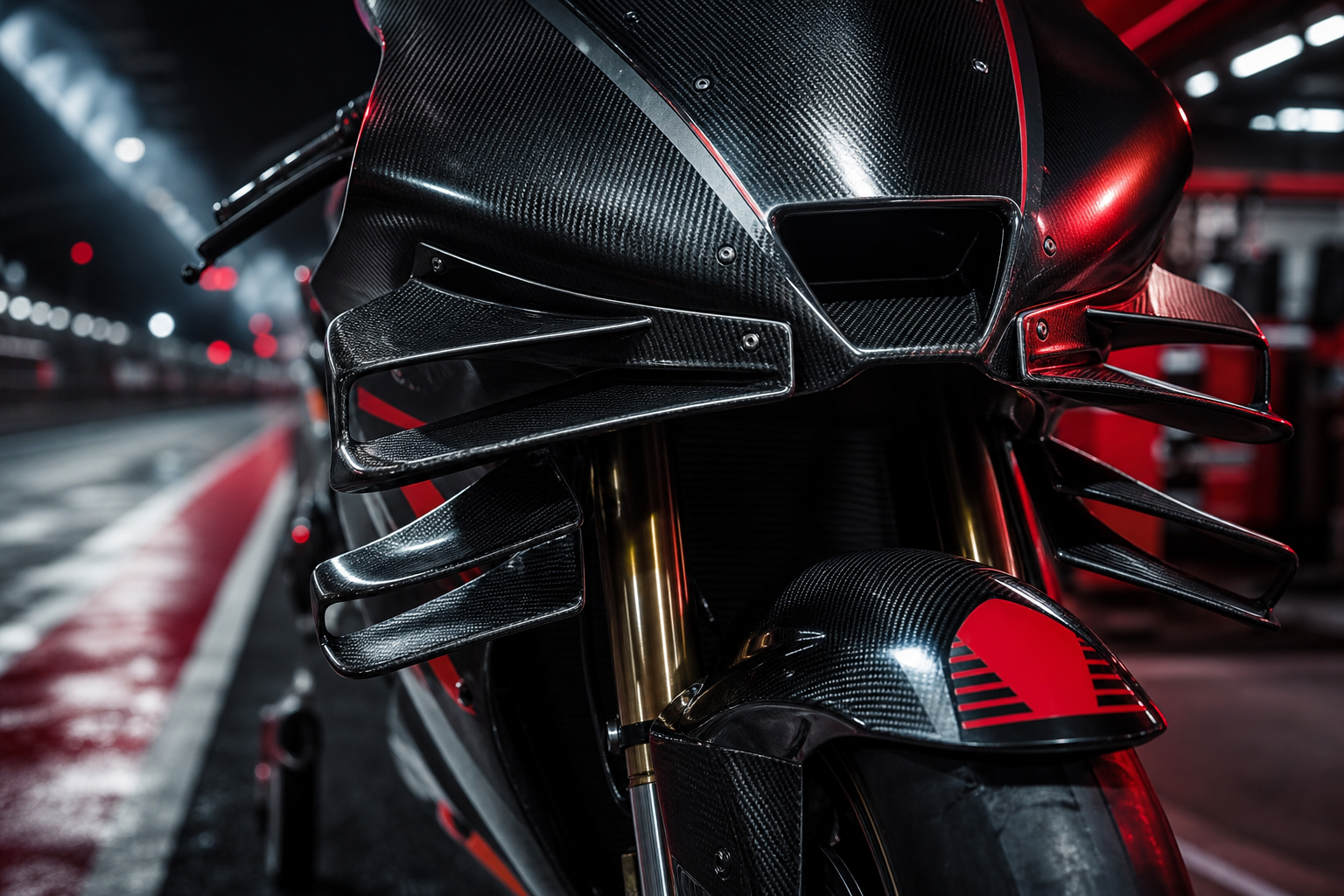 Close-up of a MotoGP bike front fairing with complex carbon-fiber winglets under pit-lane lights