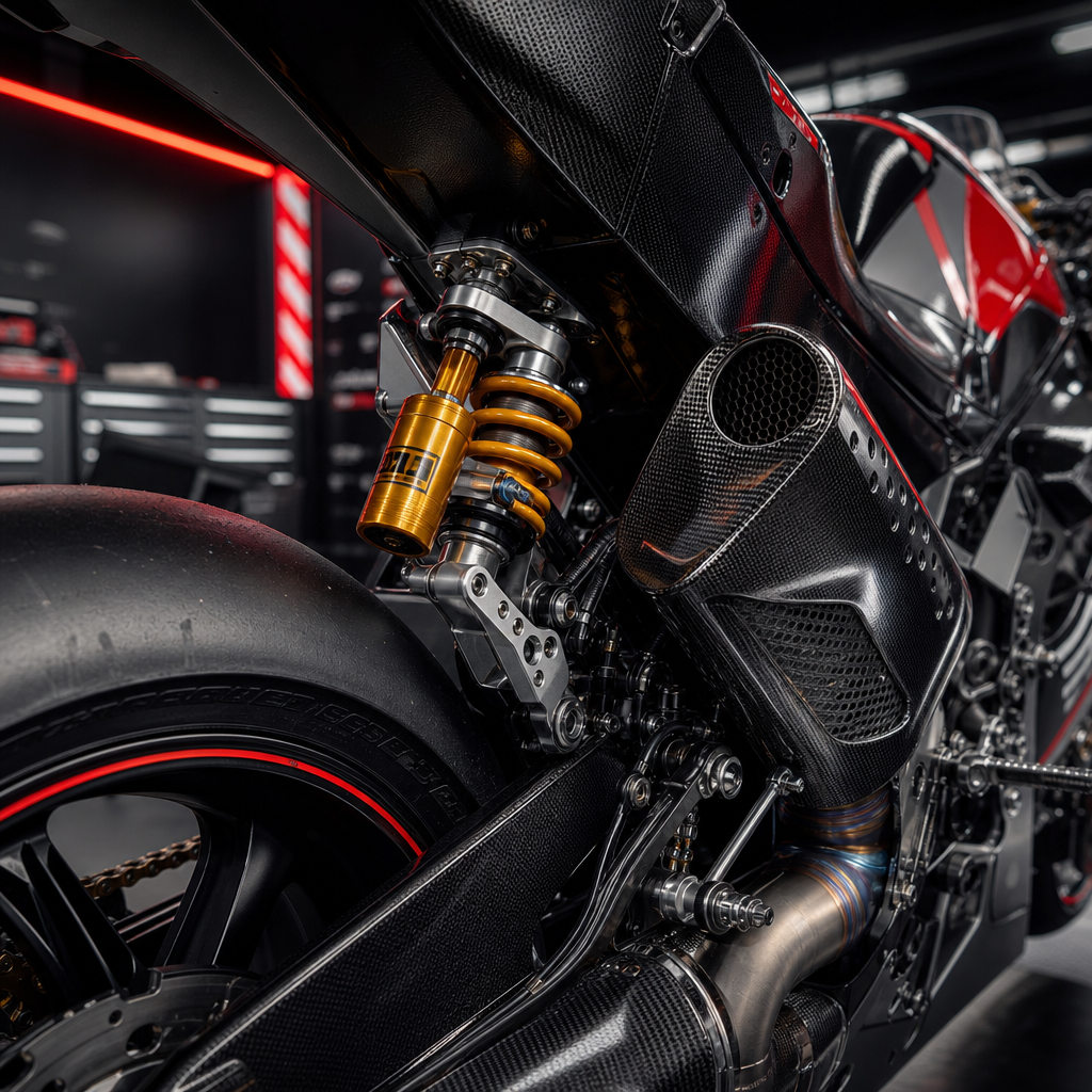 Close-up of a MotoGP bike rear suspension in the garage