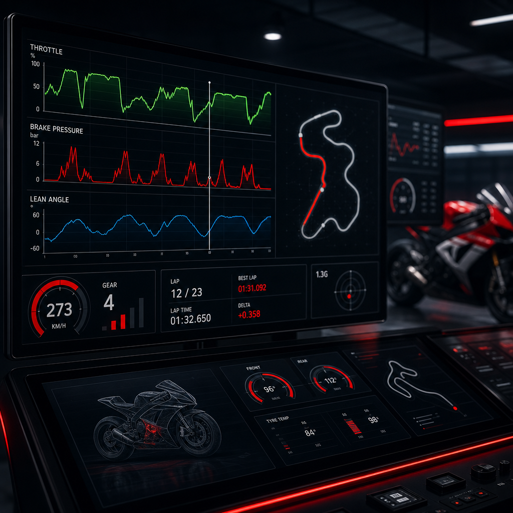 Telemetry dashboards with throttle, brake, and lean angle traces overlaid on a track map