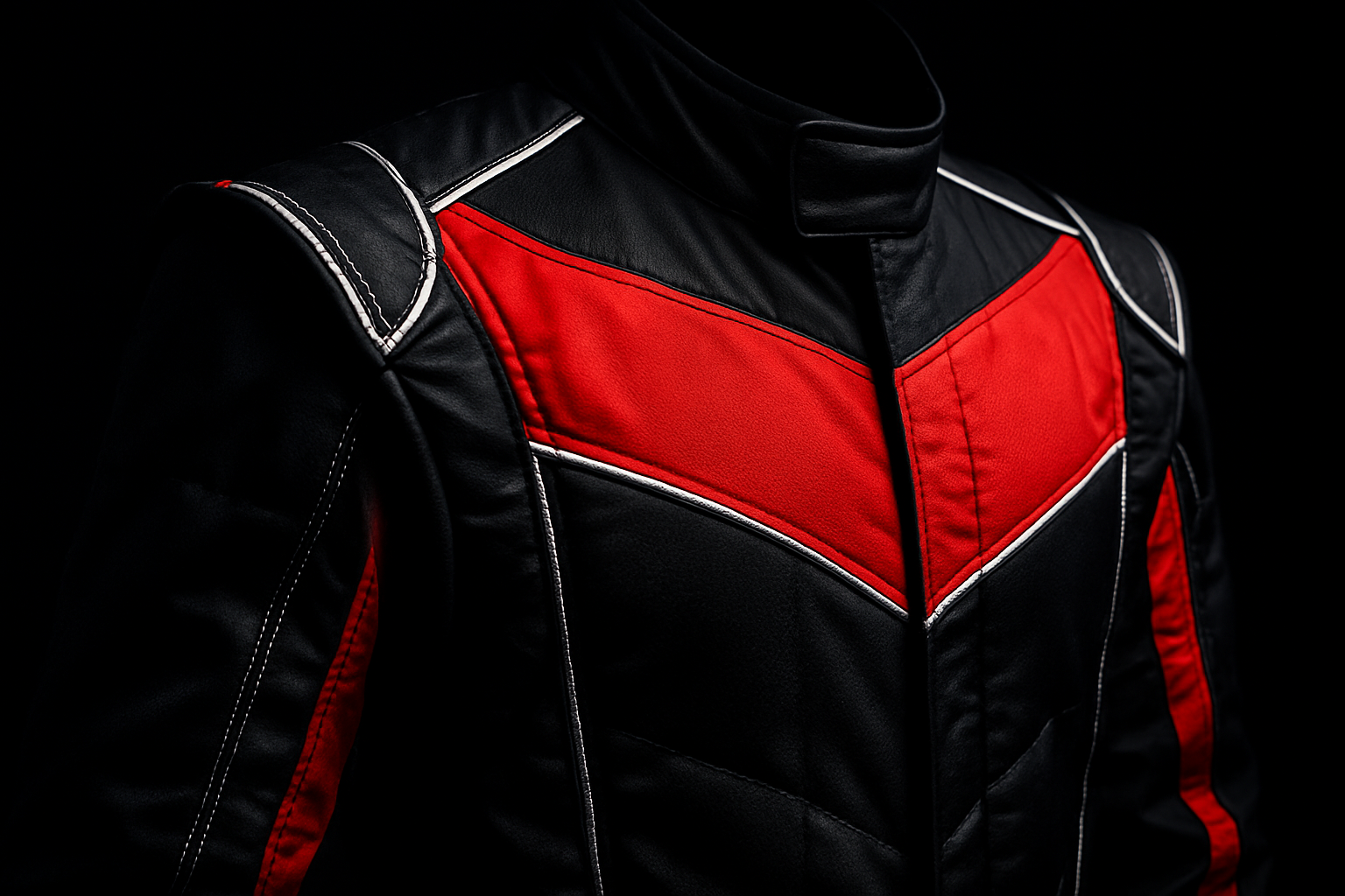 Close-up of a black and red racing suit with precision stitched panels and reflective piping, lit dramatically to emphasize heritage craftsmanship