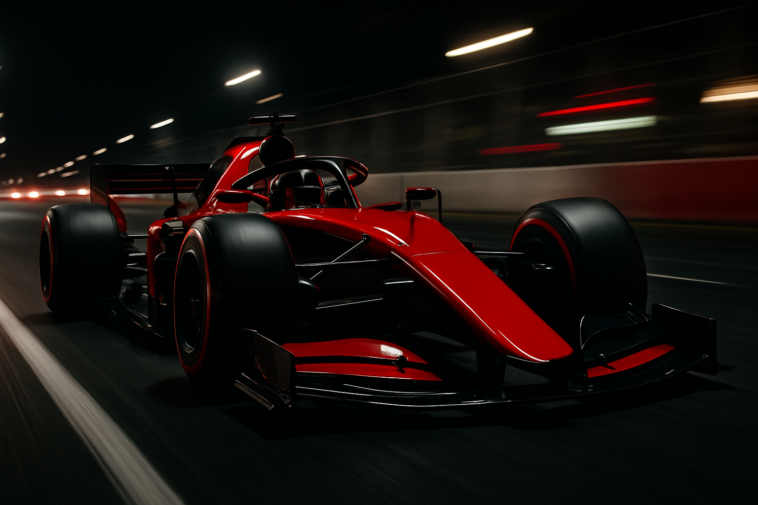 Sleek red and black formula-style race car accelerating on a night street circuit with motion blur lights
