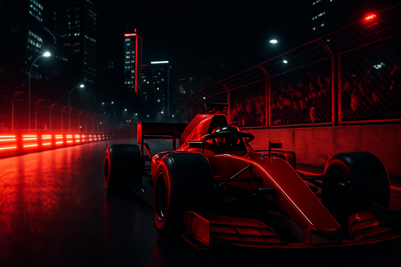 Night street circuit event with glowing track barriers, a red race car, and a crowd of fans in an urban setting