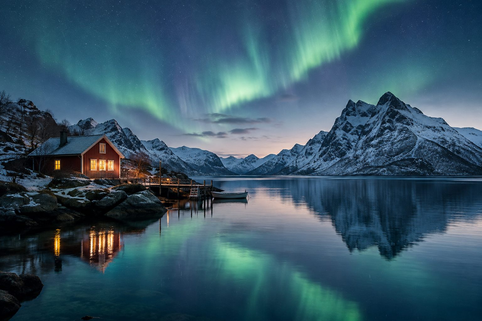 Scenic view for Northern Light and Still Water in Norway