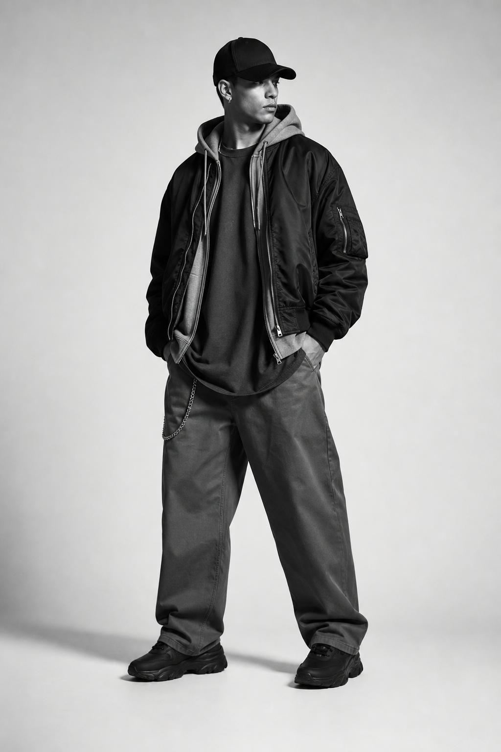 Monochrome streetwear editorial styling with layered jacket, oversized tee, hoodie, cap, and relaxed pants in a clean studio composition