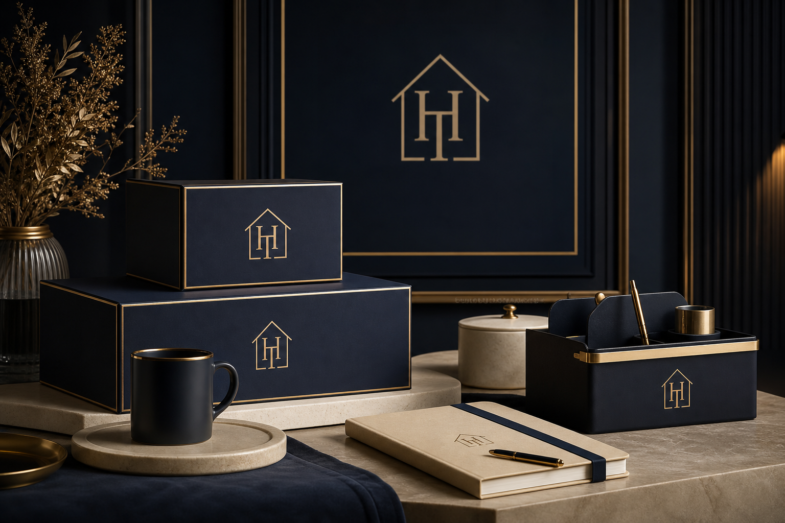 Navy-and-gold packaging-inspired House of Torren brand presentation with elegant stationery and boxed lifestyle items arranged on cream surfaces under moody directional lighting