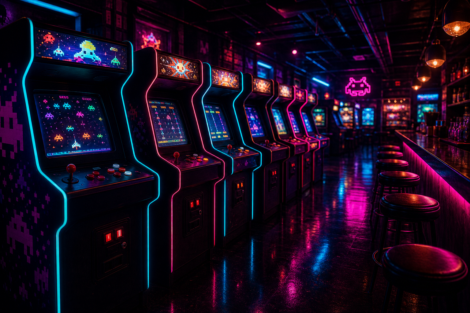 Rows of retro arcade cabinets glowing with cyan and magenta light