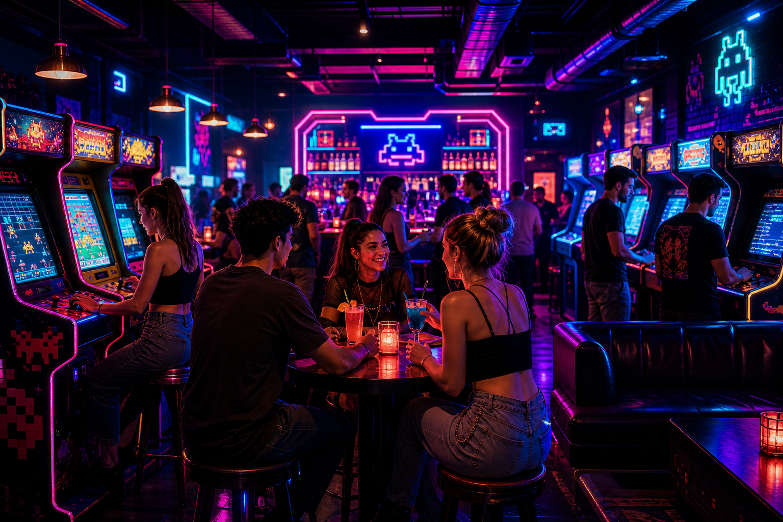 Vibrant neon arcade bar interior with glowing cabinets, cyan and magenta lighting, and groups of friends socializing