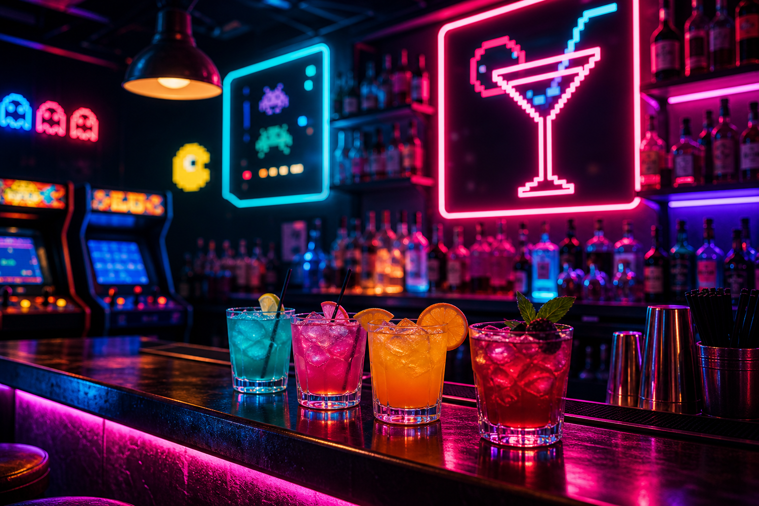 Neon-lit cocktail bar with colorful drinks and retro signage