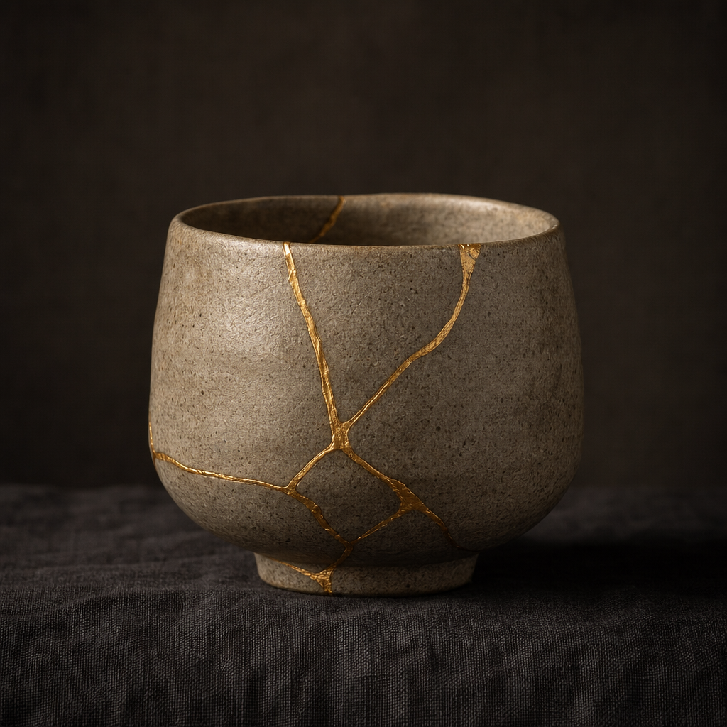 Delicate vessel with fine crack lines transformed into luminous detail.