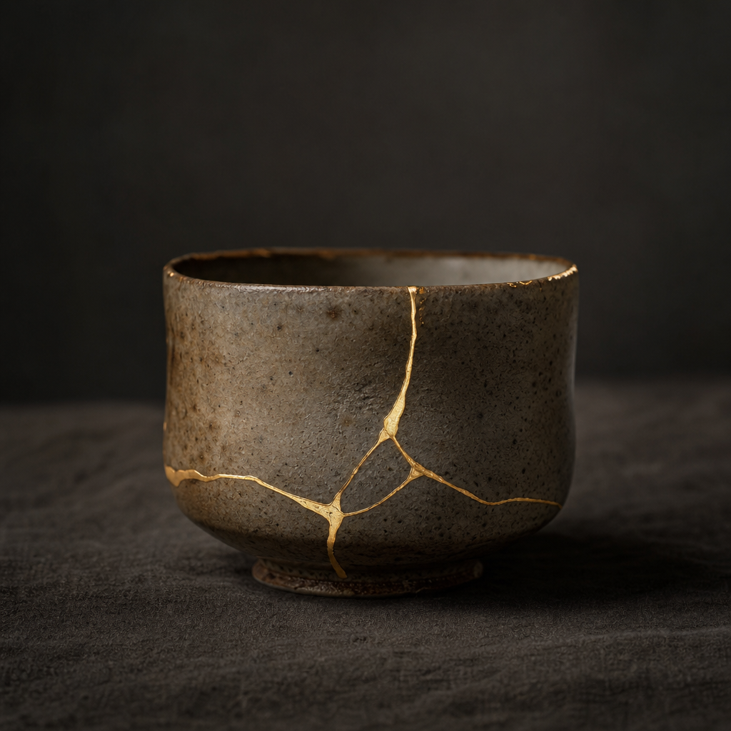 Restored porcelain cup with visible gold seam and quiet warmth.
