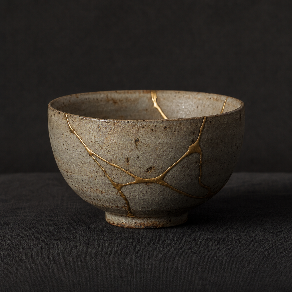 Tea bowl repaired with gold joinery honoring fracture and memory.