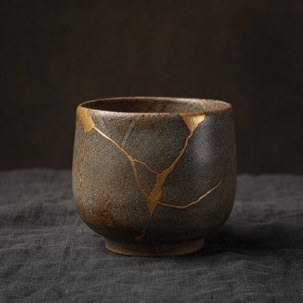 Hand-repaired antique cup carrying history, breakage, and renewal.