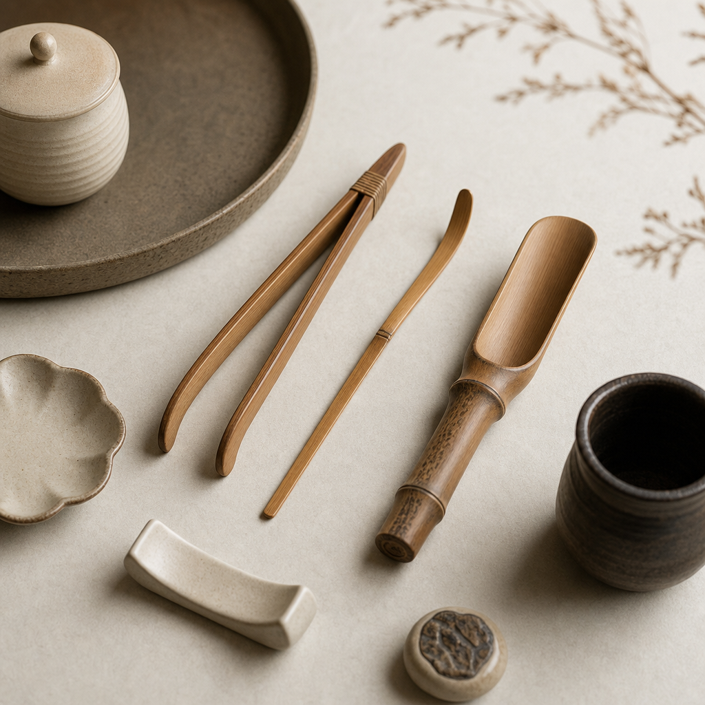 Tea accessories including bamboo tongs, scoops, and ceramic rests