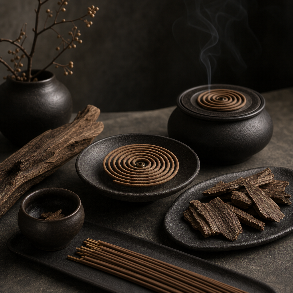 Agarwood incense coils, chips, and sticks arranged on dark ceramic