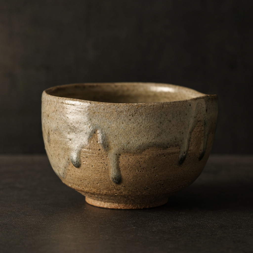 Antique Bowl I, medium stoneware tea bowl with ash glaze drips and rounded foot