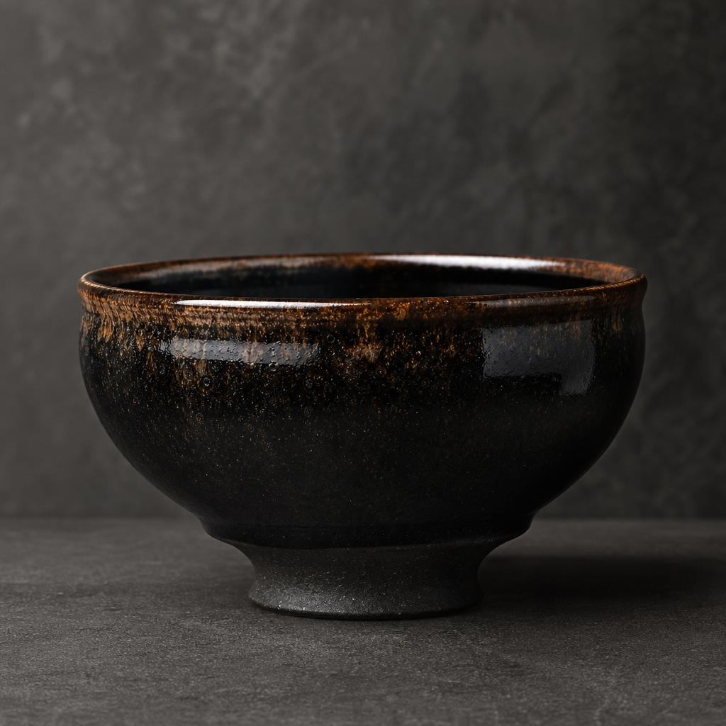 Antique Bowl II, wide footed tea bowl in dark tenmoku glaze with amber highlights