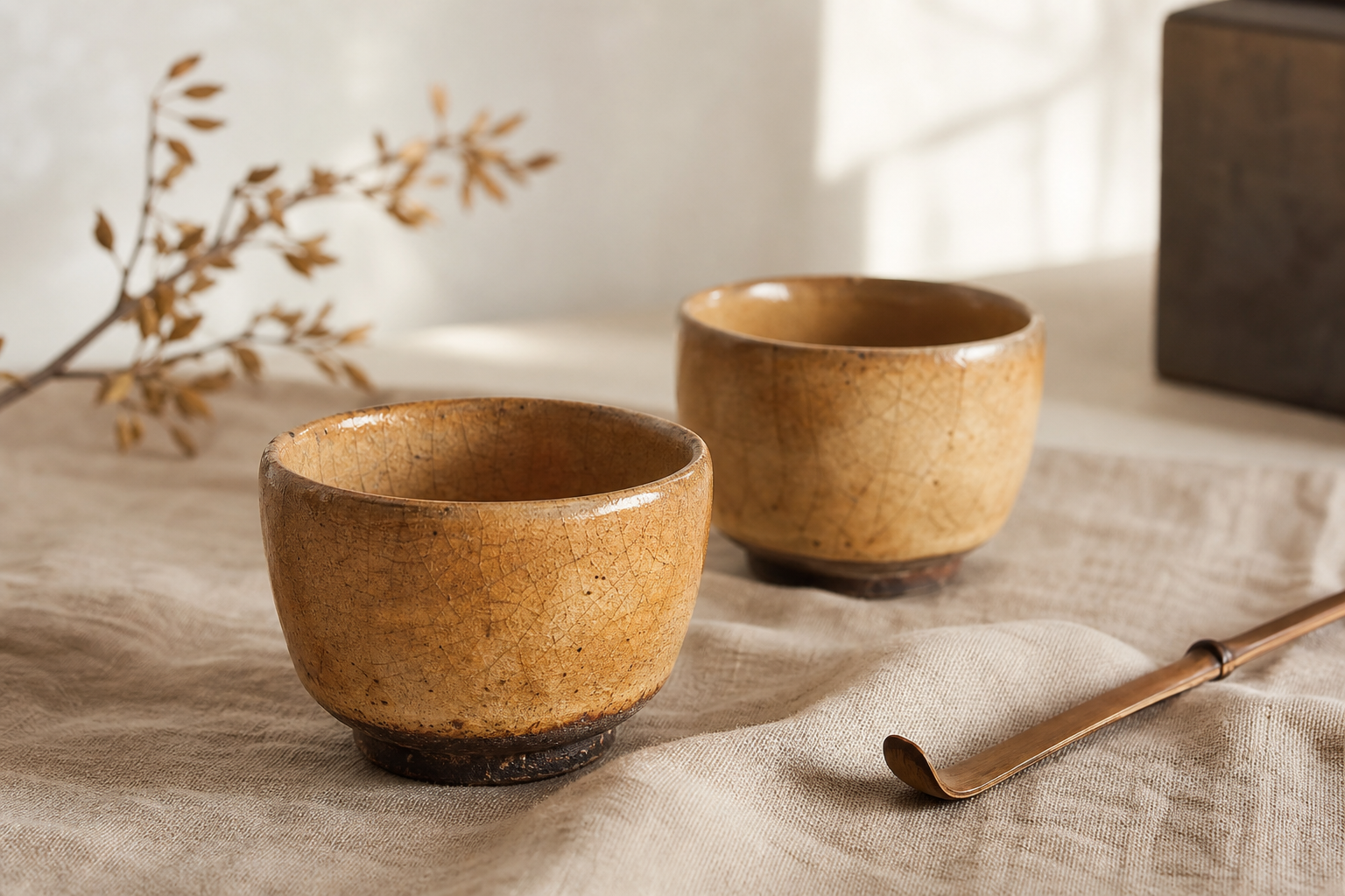 A refined still life of two antique tea cups with warm patina on a linen cloth, soft natural light highlighting subtle glaze craquelure.