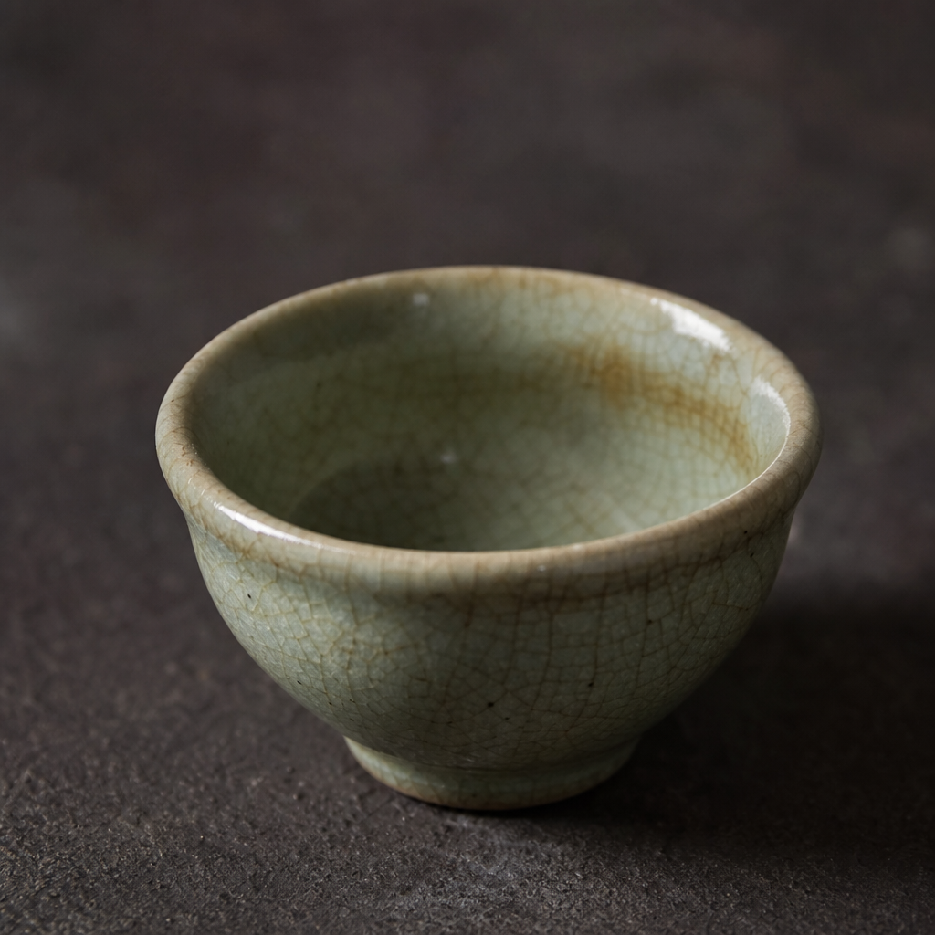 Antique Teacup I, small celadon porcelain cup with fine craquelure glaze and warm patina