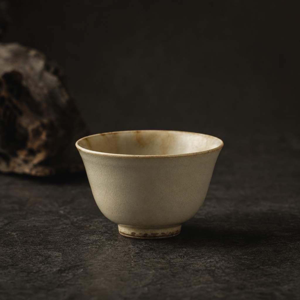 Antique Teacup II, thin-walled ivory porcelain cup with subtle tea staining and flared lip