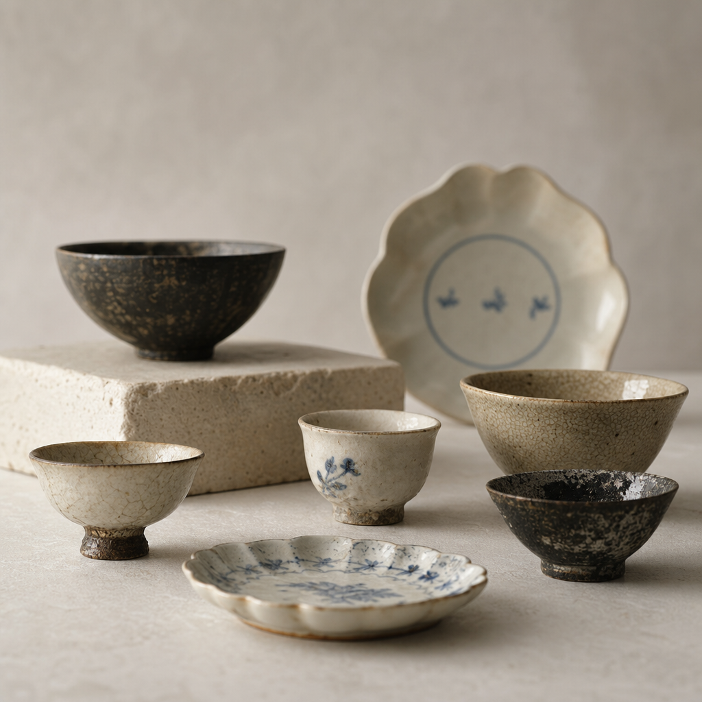 Antique teacups, bowls, and plates with aged glaze and visible patina