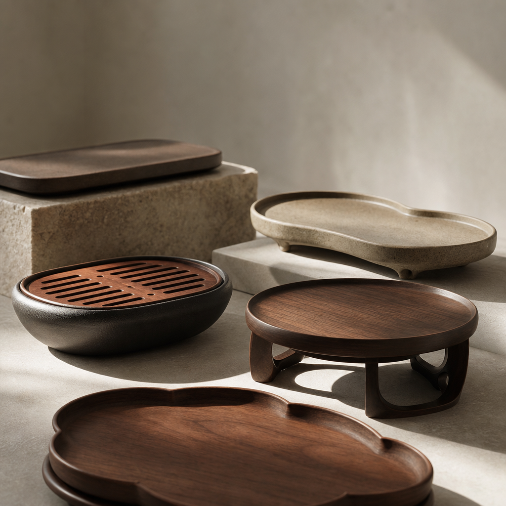 Handcrafted chazi trays and tea table supports arranged in soft studio light