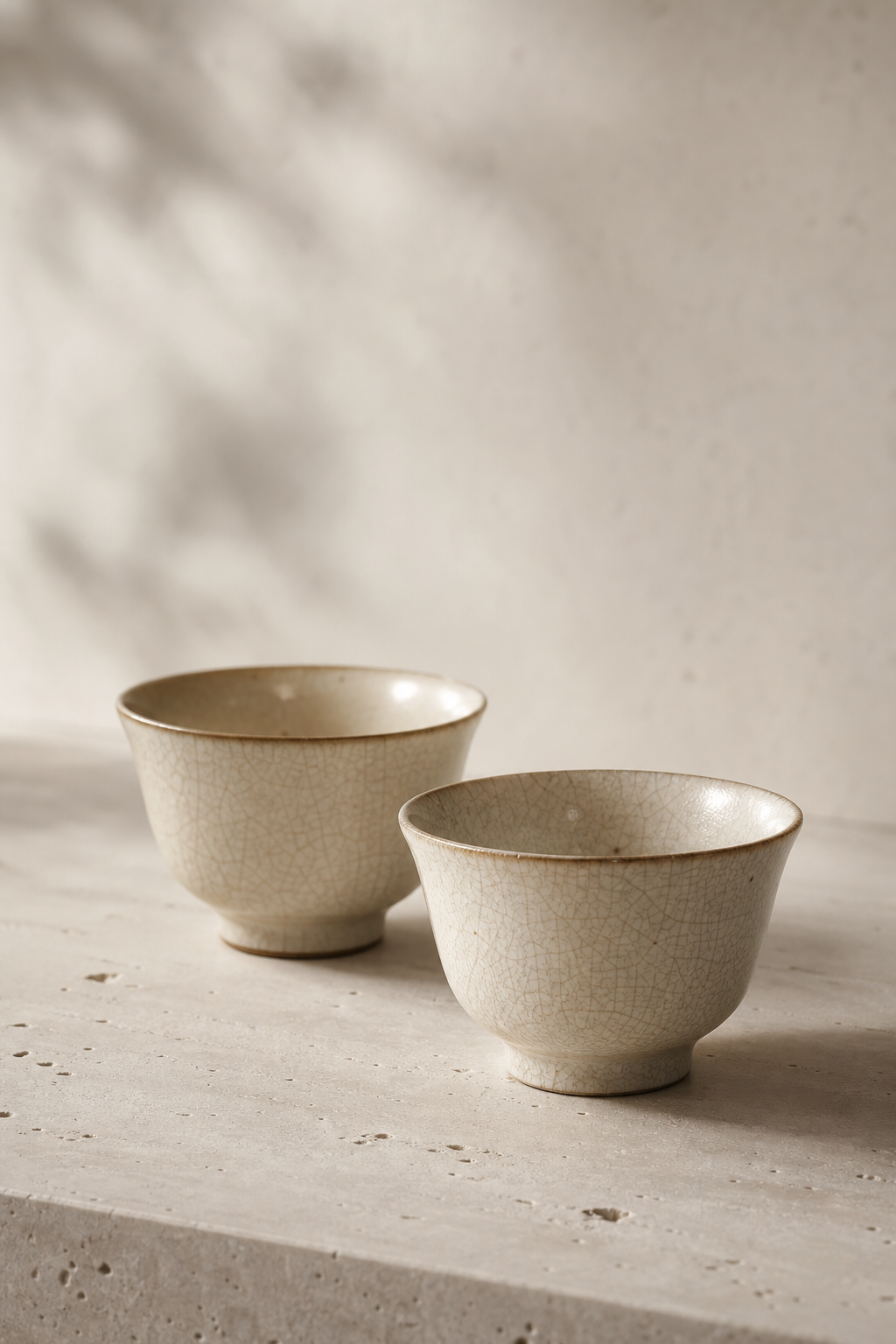 two antique porcelain tea cups with subtle crackle glaze and warm ivory tones