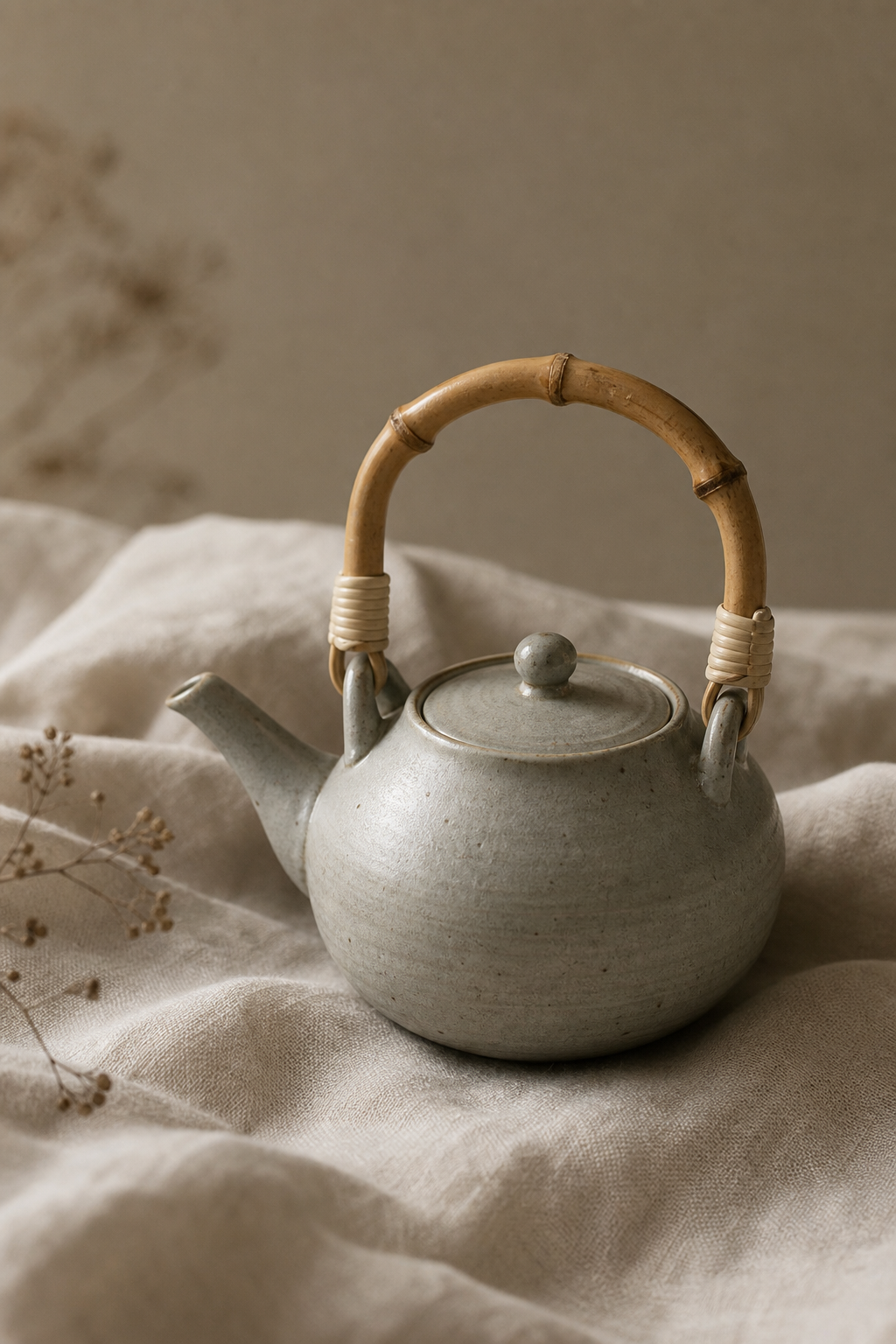 handmade stoneware teapot with soft ash glaze and bamboo handle on a neutral linen cloth